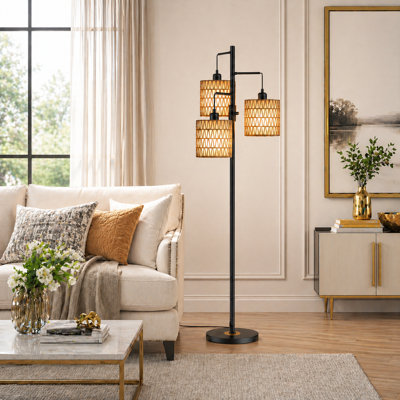 Lampe sur pied en rotin avec 3 ampoules incluses et double abat-jour Barbetta