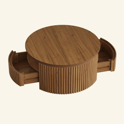 Table basse cannelée ronde en bois massif avec tiroirs de rangement cachés, table basse tambour moderne Mid-Century