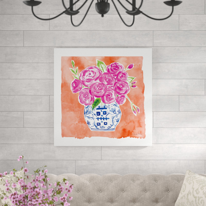 «Chinoiserie Roses II» par Farida Zaman - peinture sur toile, H 36 po x l 36 po