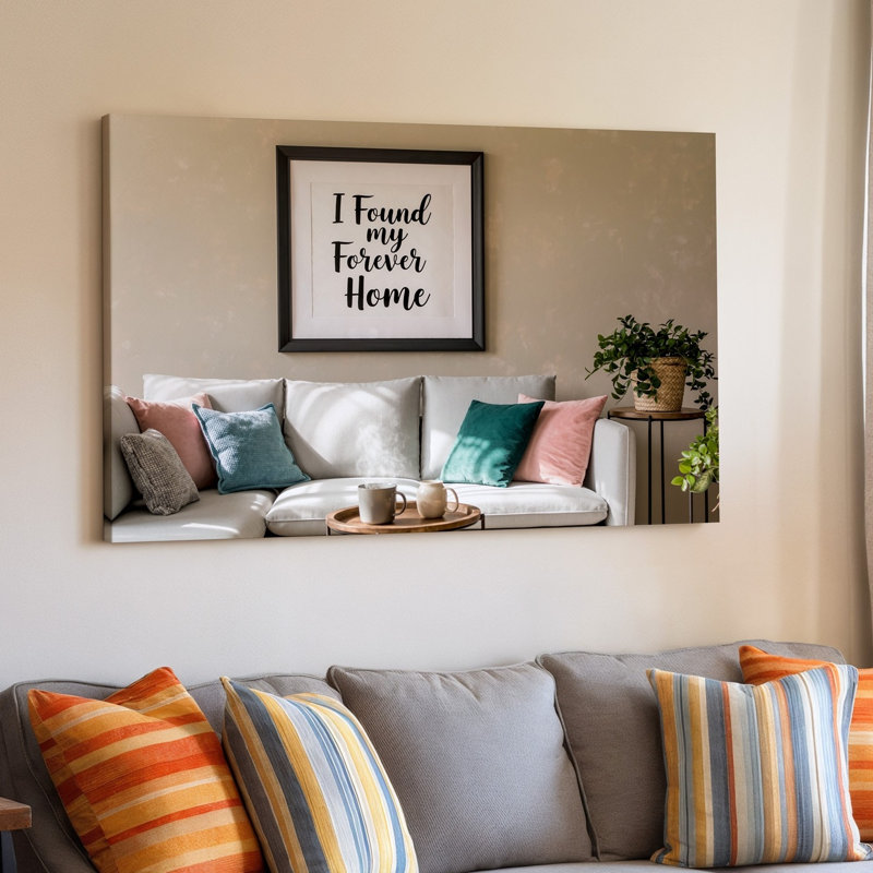 Reproduction d'art sur toile, "Living a Cozy and Inviting Living Room" Doté d'un art mural encadré avec la phrase I Found My Forever Home