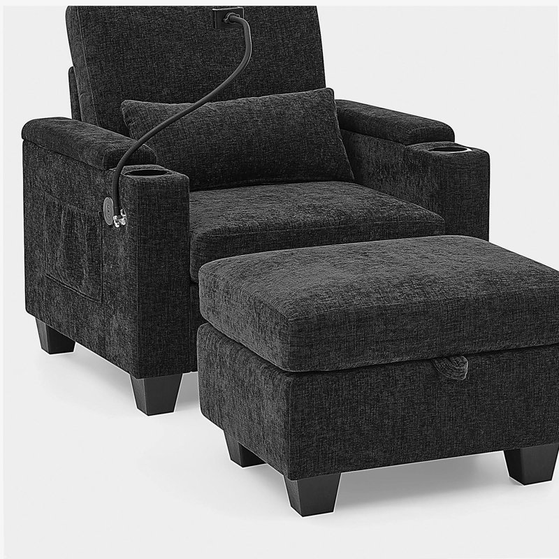 Single sofa recliner with manually adjustable backrest, USB charging port on the armrest side, phone stand included, hidden armrest storage, and a matching storage ottoman-Black