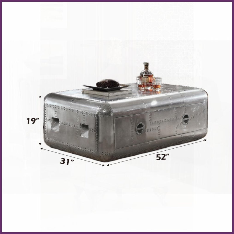 Table basse de coffre en aluminium Brancaster - l 52 po x P 31 po, tiroir à fermeture en douceur, aucun assemblage requis