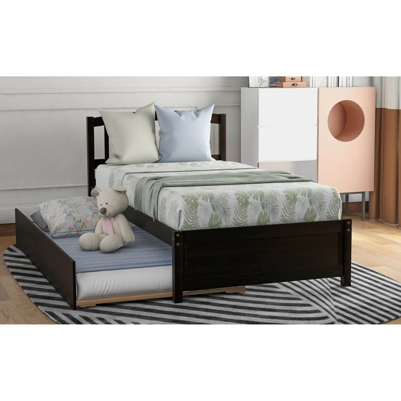 Walnut Twin Platform Bed With Collapsible Trundle - Space Efficient Wood Construction Size Breathable And Chic Design