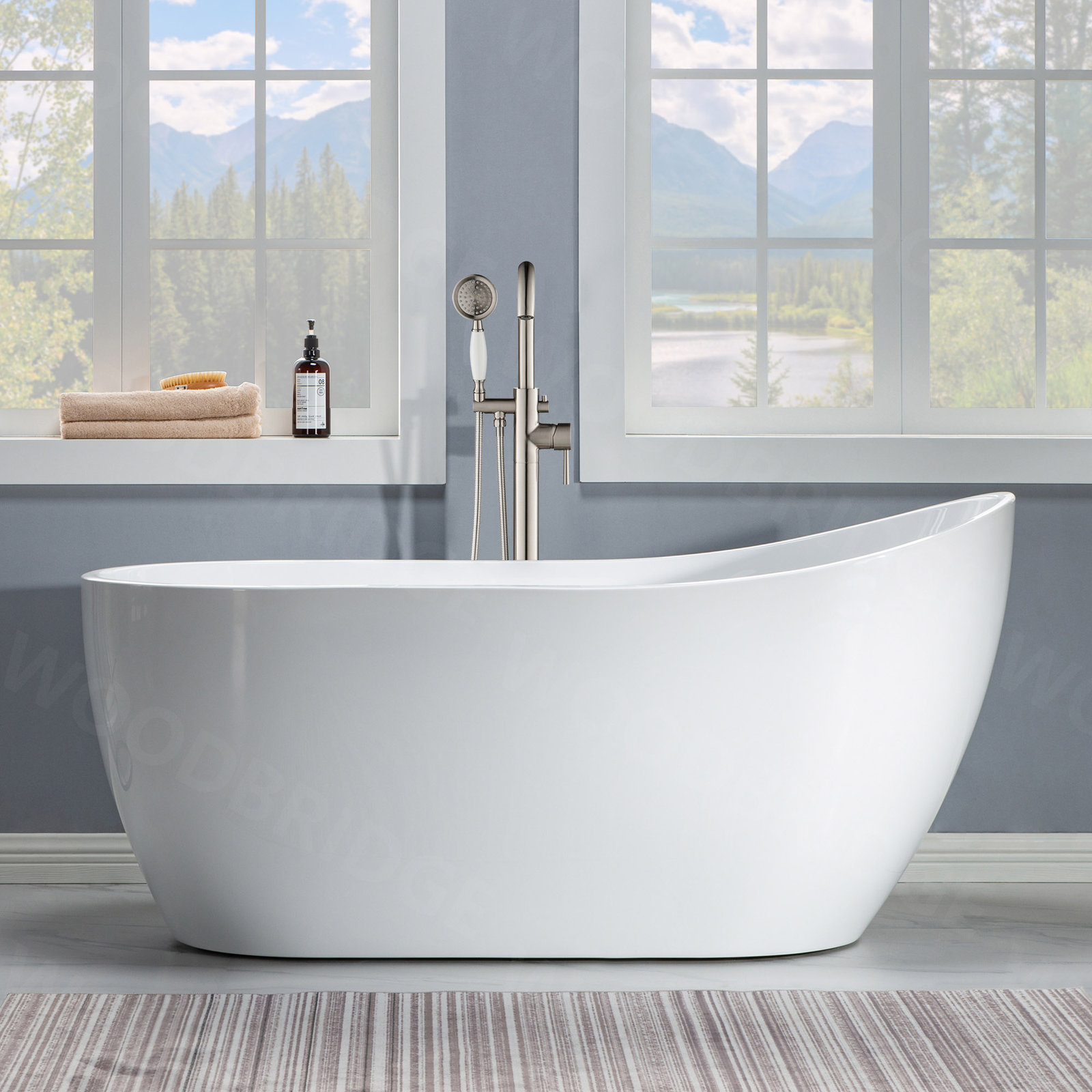 Aether 59" Single Slipper Soaking Bathtub, White/Brushed Nickel