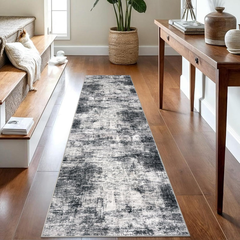 Tapis de cuisine abstrait lavable, Tapis de couloir 2 pi x 8 pi, Noir / gris / blanc