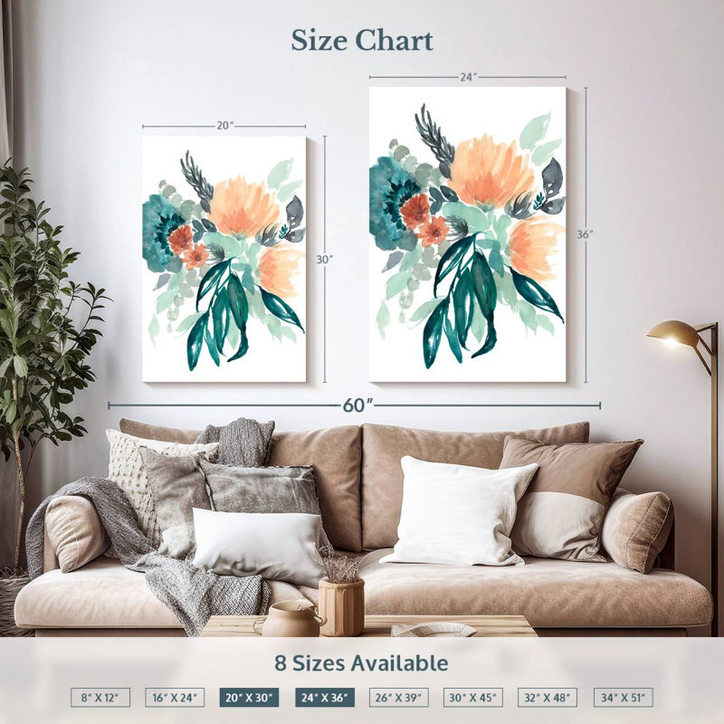 Bouquet Harnek bleu sarcelle et pêche I, H 36 po x l 24 po