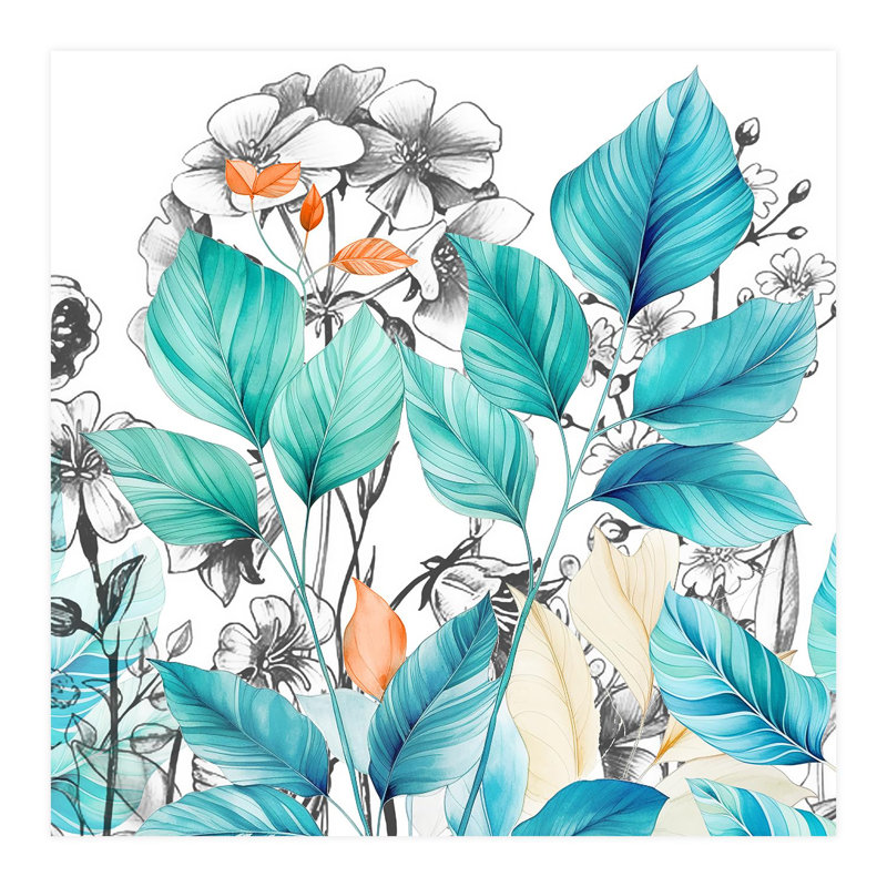 Papier peint feuilles de sarcelle élégantes avec croquis botaniques, L 72 po x l 72 po