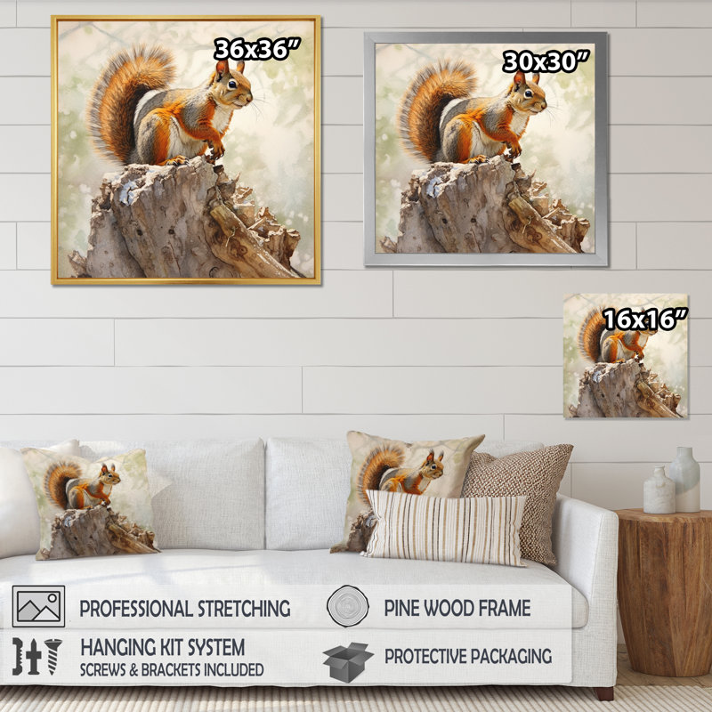 Écureuil vif III - animaux, art mural, salon, Cadre simple noir, H 16 po x l 16 po x P 1 po