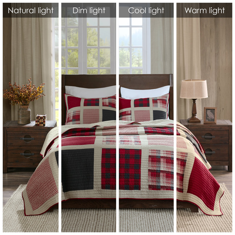 Red and Grey Cotton Plaid Reversible Full Quilt Set