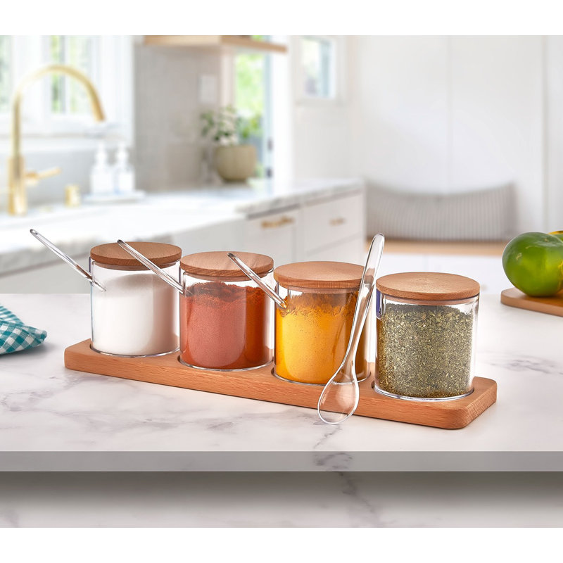 Ensemble de pots à épices et tablettes de cuisine (4 pots + 1 support), conception en plastique et en bois sans BPA, taille du pot: 2,8 x 2,8 x 4,7 pouces | Taille du support: 13,0 x 3,5 x 4,7 pouces | Va au lave-vaisselle, idéal pour organiser les épices et rehausser le décor de la cuisine