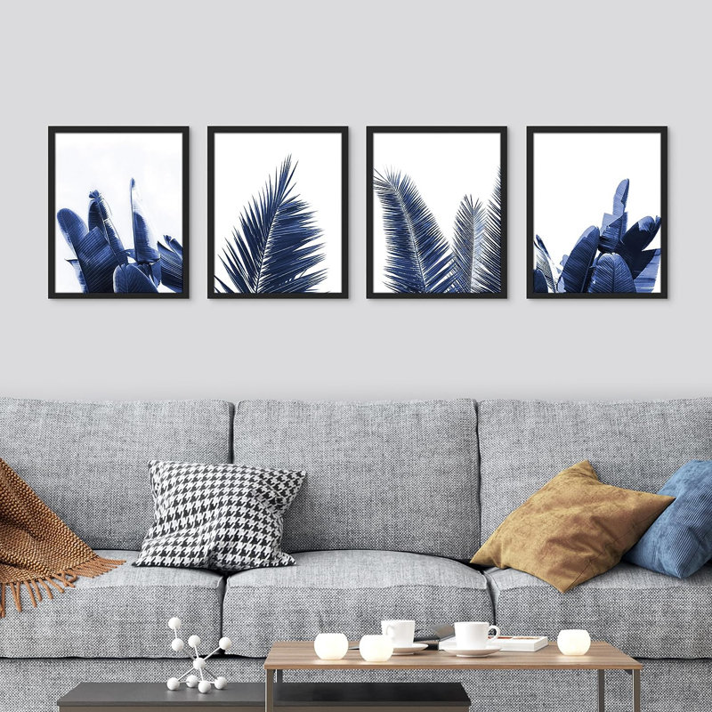 Reproduction de 4 pièces encadrées bleu marine et tropicales, H 16 po x l 12 po x P 1 po, Cadre blanc