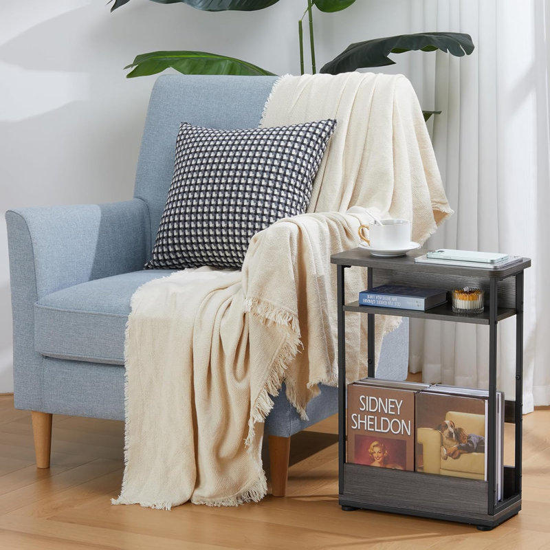 Narrow Side Table,3-Tier Slim End Table With Storage Shelf,Modern Sofa Table Thin Side Table For Narrow And Small Spaces, Skinny Bedside Table Small Nightstand With Magazine Rack Space Saving/Grey