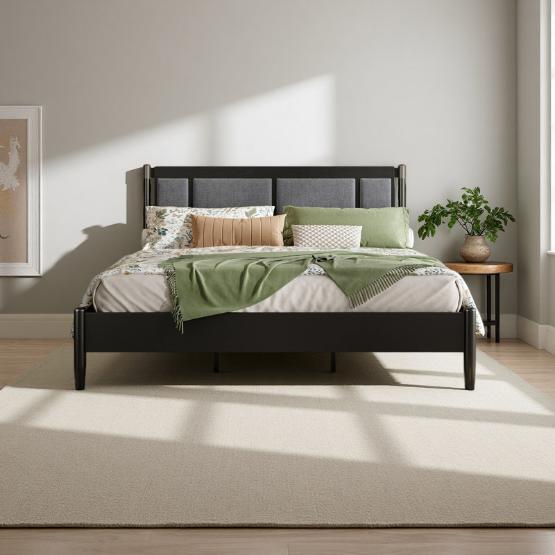 Lit en bois massif, aucun sommier tapissier requis, tête de lit tapissier avec poignées en métal, Gris foncé, Très grand lit