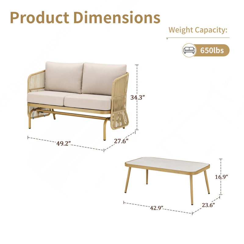 2-Person All-Weather PE Rattan Glider Loveseat With Coffee Table, Outdoor Patio Sofa Set With Beige Cushions (Weather-Resistant)
