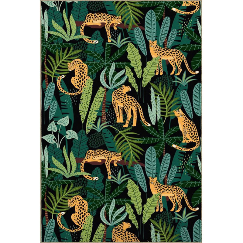 Black And Green Themed Leopard And Tree Patterned Modern Decorative Carpet, Round 5'