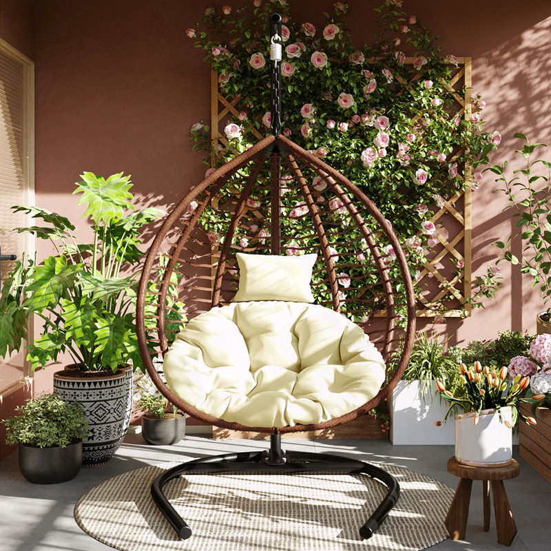Hammock Chair Foldable Sturdy Frame Plush Cushion, Beige, Brown