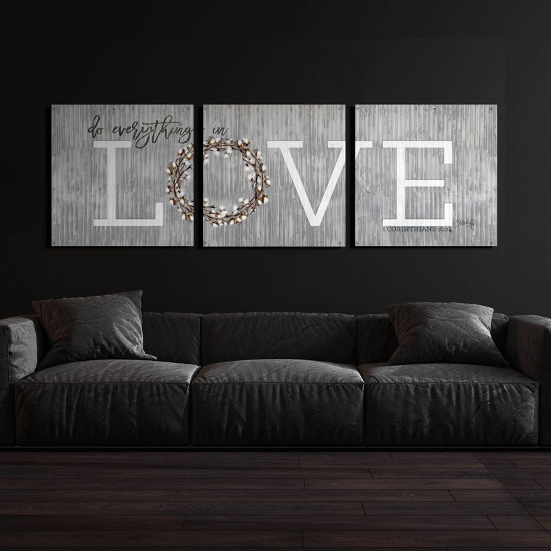 «Love - Do Everything in Love» par Marla Rae, art mural en verre acrylique, ensemble de 3 pièces, H 36 po x l 108 po