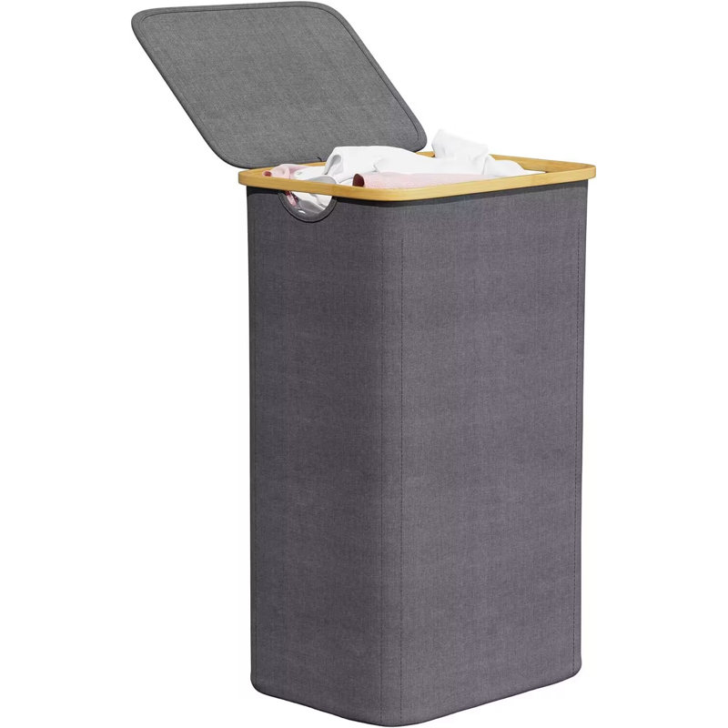Gray Collapsible Upright Laundry Hamper with Bamboo Lid