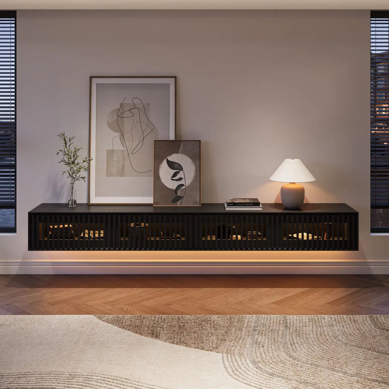 Meuble télé moderne avec lumière DEL, H 11,02 po x L 94,49 po x l 15,75 po, Noir