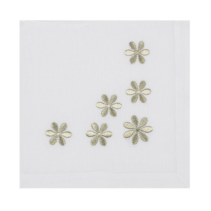 Daisys Embroidered Linen Napkins, White/Gold