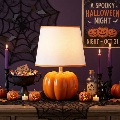 13.75" Pumpkin-Inspired Ceramic Table Lamp with Fabric Shade