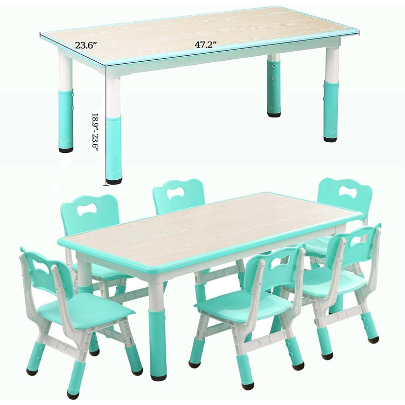 Ensemble de table et de chaises pour enfants, bureau à hauteur réglable avec 6 sièges, Bleu lac