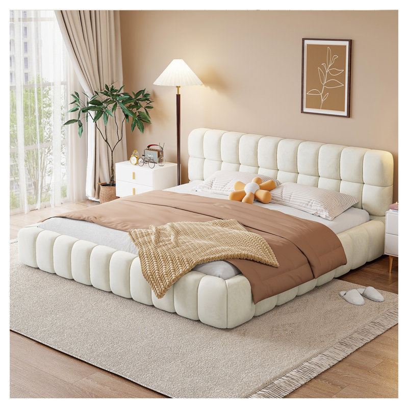 Très grand lit plateforme tapissier très grand avec tissu en lin épais, lit moderne beige avec cadre de support en bois massif, aucun sommier nécessaire