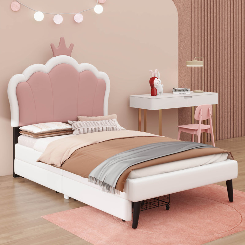 Lit princesse tapissier simple avec tête de lit couronne et deux tiroirs, ou lit plateforme simple, Rose/Blanc