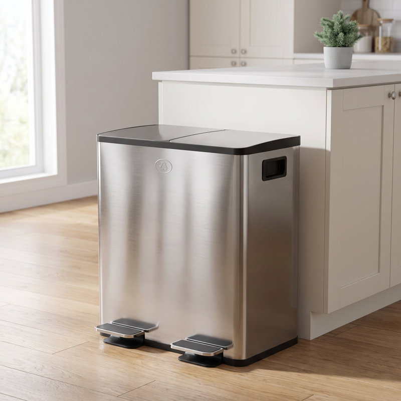 10 Gallon Silver Two-Section Recycling and Trash Bin with Independent Foot Pedals, Silver