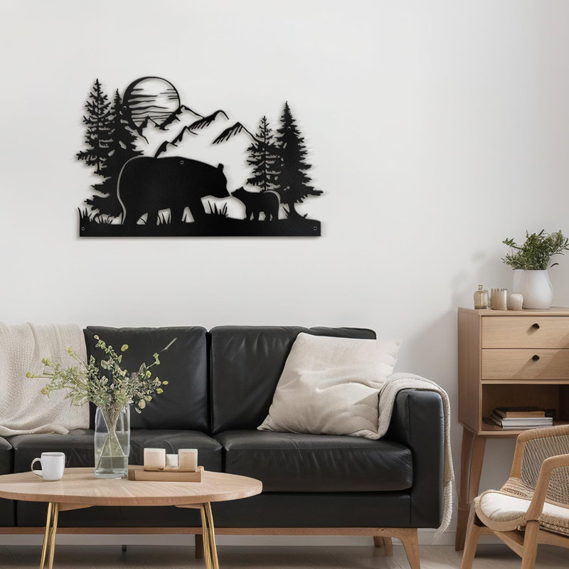 Bears in Forest Animal Mountains, décoration murale abstraite moderne en métal noir, Noir, H 24 po x l 36 po x P 0,05 po