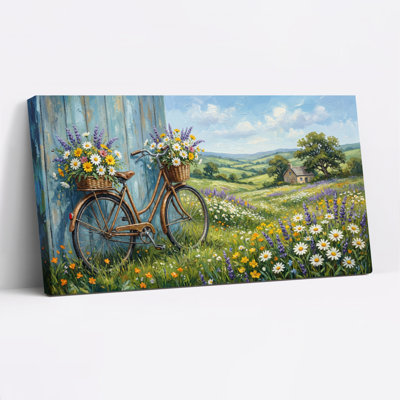 Vélo rétro avec paniers de fleurs dans un paysage de prairie, reproduction d'art sur toile tendue sur toile, ensemble de 1