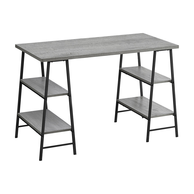 Bureau d'ordinateur personnel avec tablettes en stratifié gris de 48 po et pieds en métal noir, cadre de rangement à finition contemporaine