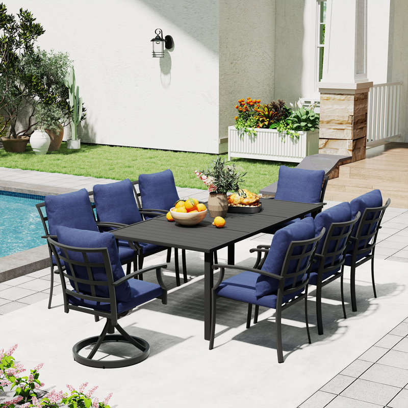 Maynard 9-Piece Black Metal Patio Dining Set With Rectangular Table, 2 Swivel Dining Chairs And Blue Cushions, Blue