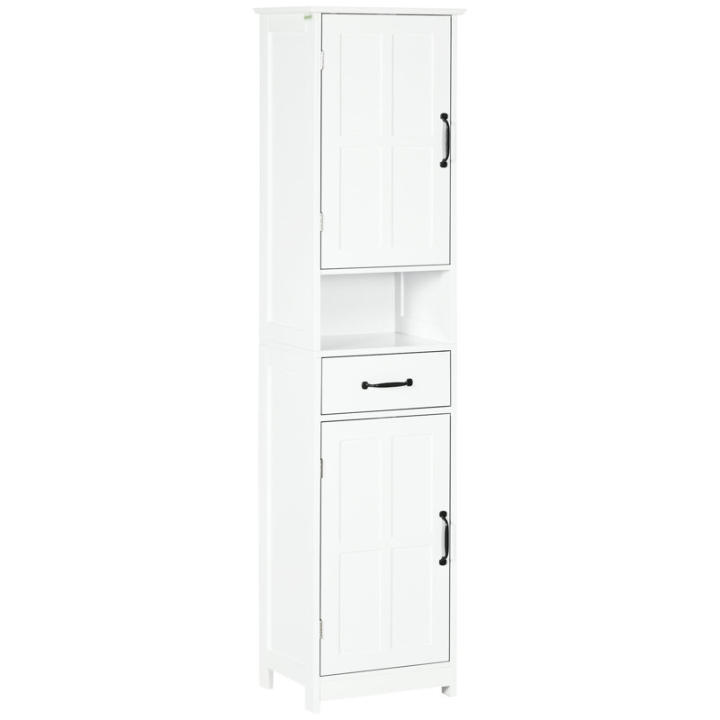Armoire à linge de salle de bain - grande et mince avec tablette ouverte, tiroir, portes encastrées et tablettes réglables, blanc