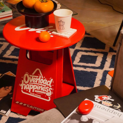 Iron Circular Edge Table With A-Frame Base And Pattern Printing, Retro Industrial Style Creative Warning Sign For Dopamine Storage Rack In Living Room And Bedroom