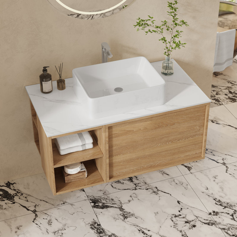 36" Modern Bathroom Vanities With Single Sink, White Glossy Stone Table Top， Floating Vanity With Wood Cabinets