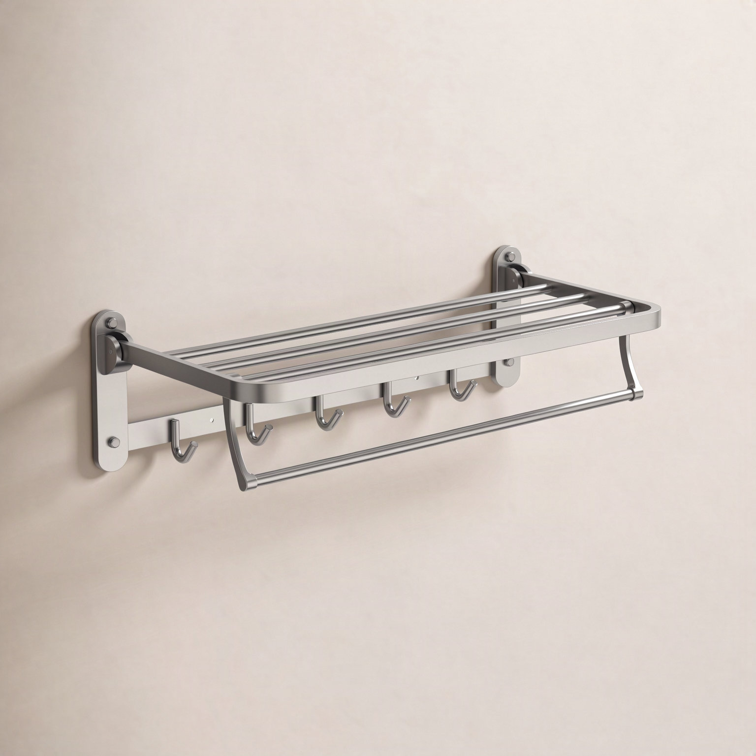 Wall-Mounted Towel Rack with Shelf and 5 Hooks, Brushed Nickel