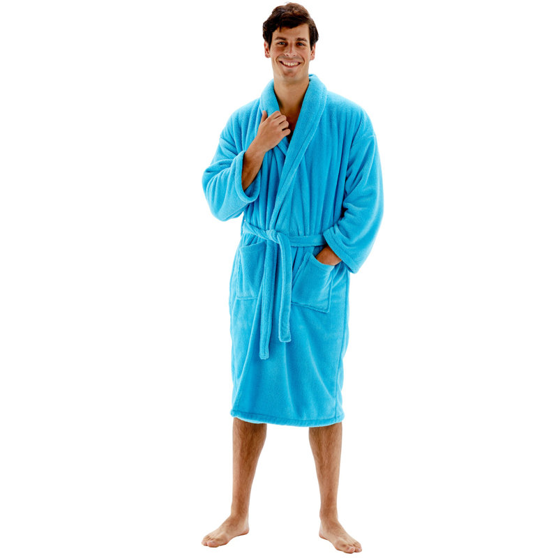 Turquoise Plush Microfiber Fleece Bathrobe with Pockets - Small