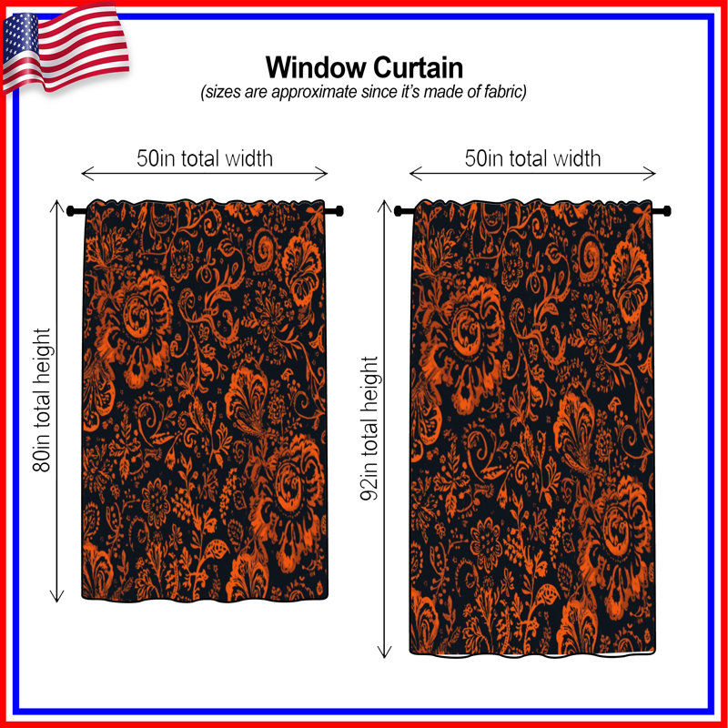 Rideaux orange à motif floral, voilages et voilages à motif floral - 1 panneau, Blockout, 50" x 92" - 1 Panel