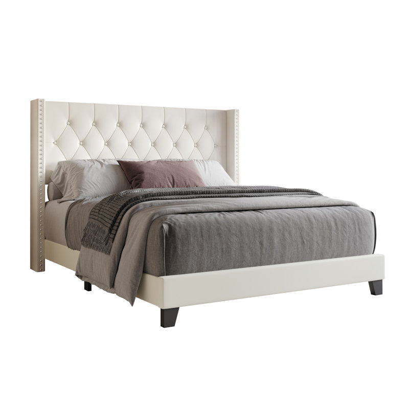 Lit à oreilles en cuir Aireanna, Beige clair, Grand