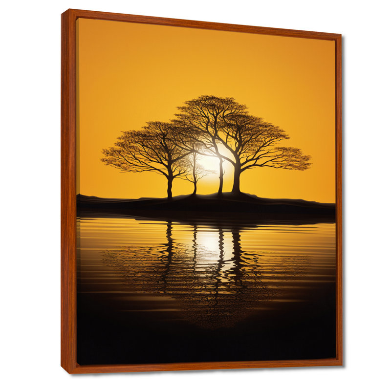 Coucher de soleil jaune à travers des silhouettes d'arbre noir - Art mural chêne, Toile avec cadre flottant brun