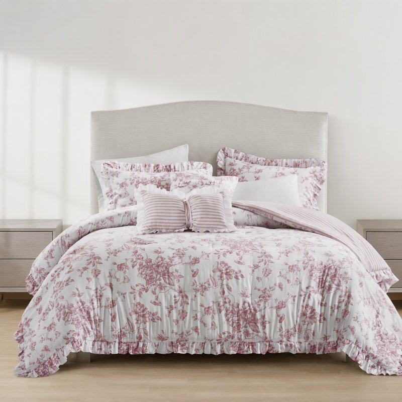 Ensemble d'édredon pour grand lit 5 pièces avec coussins décoratifs, rose