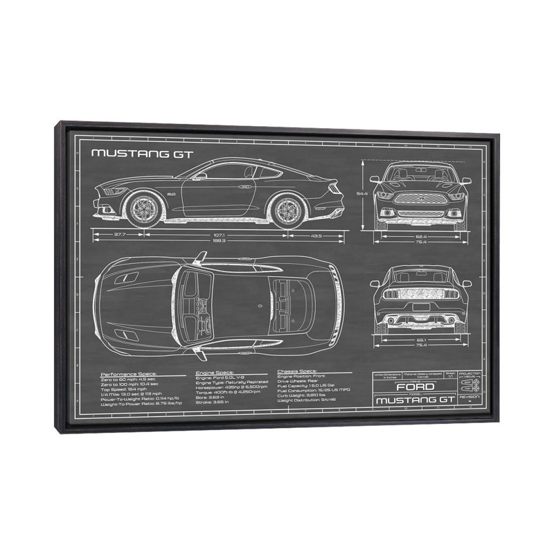 Mustang GT (2015-2017) - reproduction de dessin, Toile avec cadre noir patiné, Pas de tapis, H 40 po x l 60 po x 1,5 po