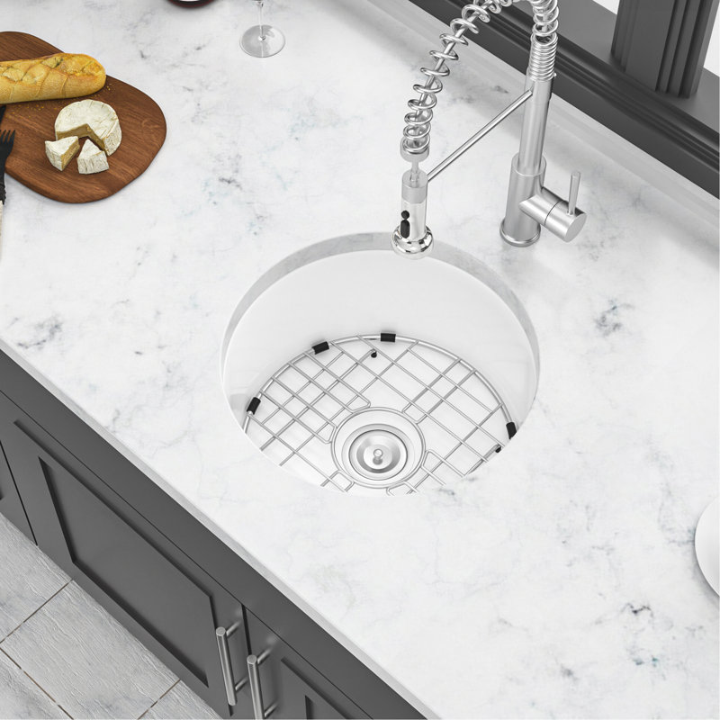 18 Inch Dual Mounted Single Bowl Ceramic Circular Kitchen Sink With Drain Assembly And Bottom Grid