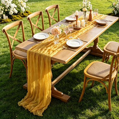 6 pièces de chemin de table jaune, 10 pieds de chemin de table en gaze rustique doré 35 * 120 pouces chemins de table bohème pour mariage, douche, anniversaire, fête de naissance, centre de table