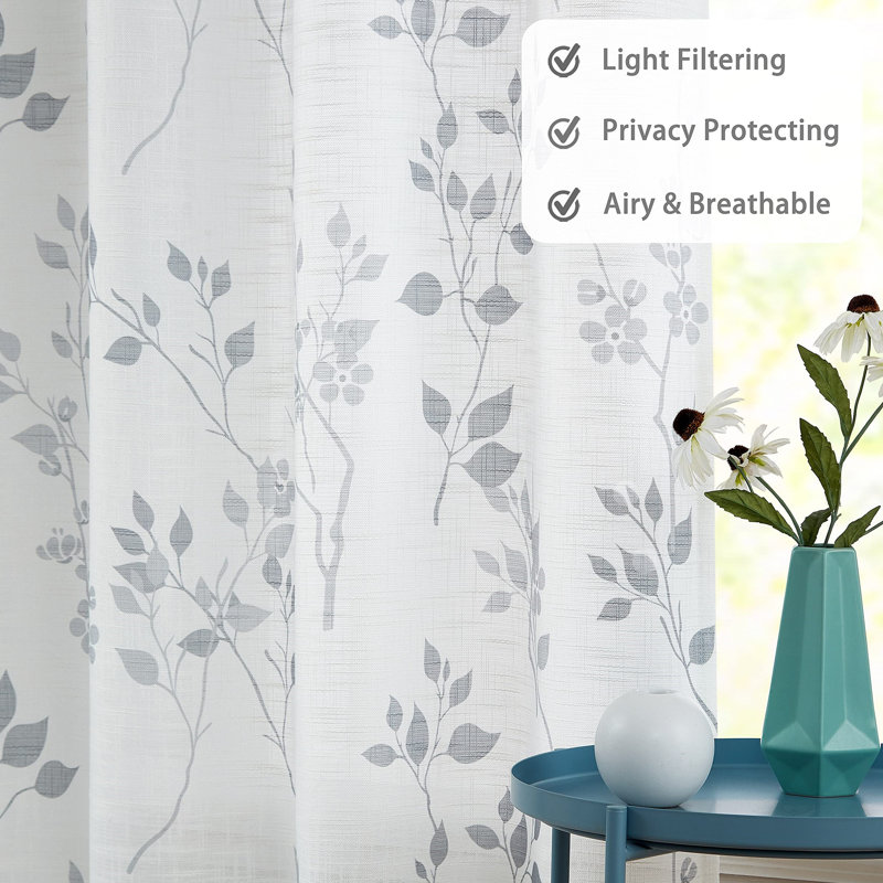 182 cm Long Yellow Semi Sheer Floral Curtains 2 Panels, Linen Textured Eyelet Drapes for Living Room & Bedroom, Gray