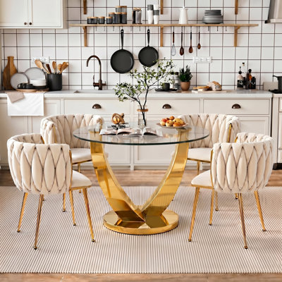 Ensemble de table de salle à manger 38,9 po pour 4 personnes, ensemble de cuisine rond en verre transparent avec 4 chaises rembourrées en velours