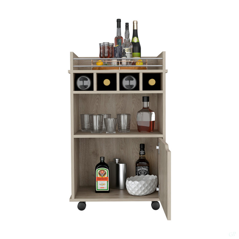 Chariot-bar Phoenix avec 2 tablettes ouvertes, 4 casiers et une armoire, Beige