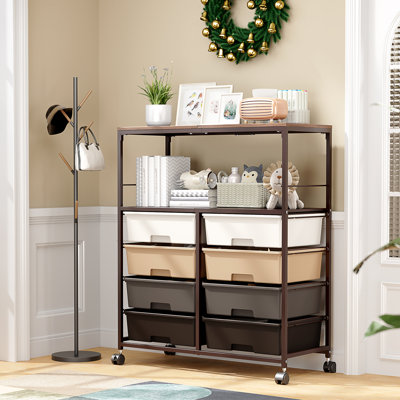 8 Drawers Rolling Storage Cart with Wooden Top, Multipurpose Utility Cart with Opening Shelf & Lockable Wheels, Storage Drawer Rolling Cart Organizer