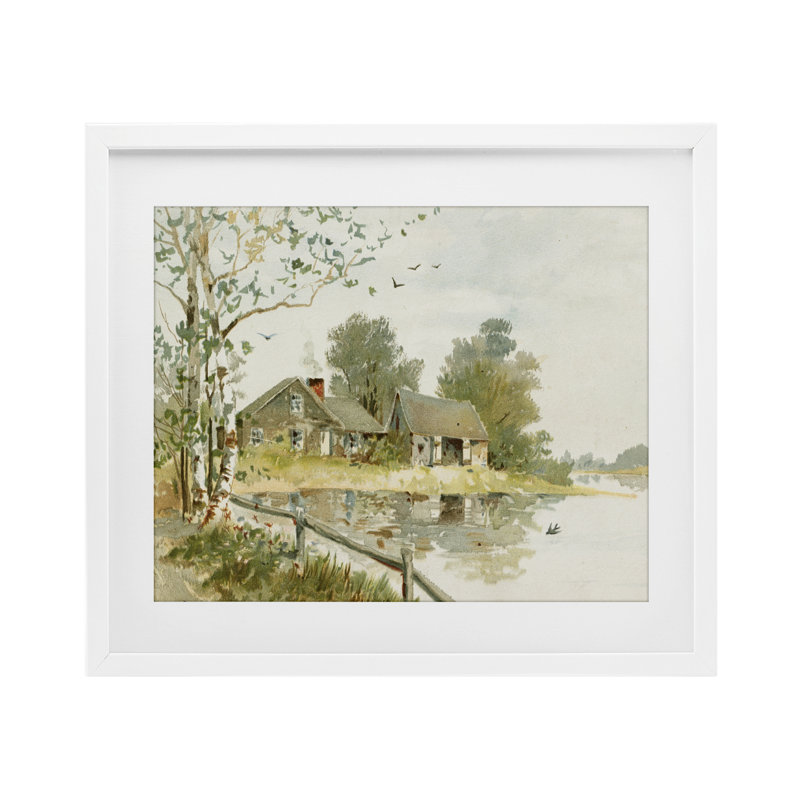«Cabin Le long de la rivière», reproduction encadrée sous verre encadrée par Glassed, H 13 po x l 16 po, Cadre blanc côtier